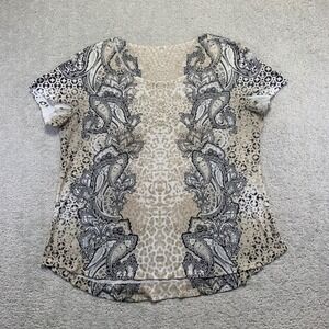 Paisley Print Rhinestones Short Sleeve T-Shirt Womens Size Large Beige Black Top